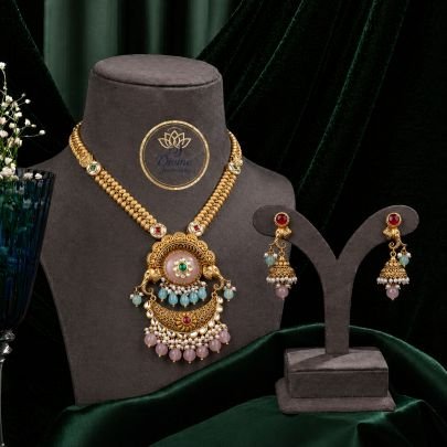 Royal Temple Pendant Necklace Set with Jhumka Earrings in 92.5 Silver Gold Plated | Bridal & Festive Jewellery – Divine Jewellery