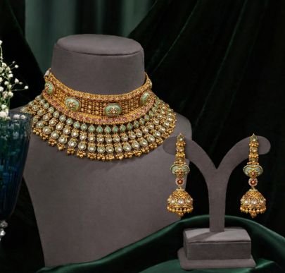 Royal Temple Style Choker Necklace Set with Mint Green Stones & Kundan Detailing – 92.5 Silver Gold Plated Bridal Jewellery | Divine Jewellery