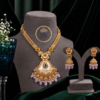 Royal Temple Style Long Necklace Set with Earrings in 92.5 Silver Gold Plated | Kundan Meenakari Pearl Bridal Jewellery – Divine Jewellery