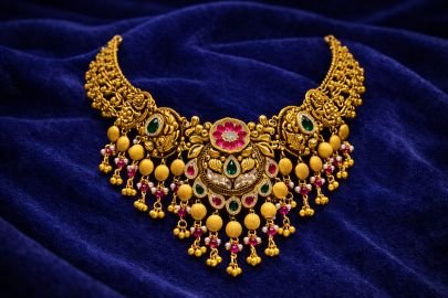 Royal Temple Style Statement Necklace with Ruby & Emerald Stones – 92.5 Silver Gold Plated Bridal Jewellery