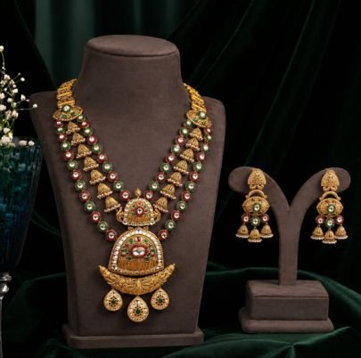 Royal Traditional Multicolor Temple Haram Set with Earrings – 92.5 Silver Gold Plated