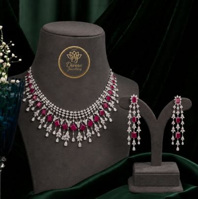 Ruby Red Stone Designer Necklace Set with Long Earrings | Gold Plated 92.5 Silver Jewellery