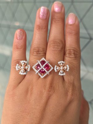 Ruby Square Designer Ring Trio Set – Rose Gold Finish Luxury Statement Rings for Women