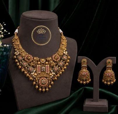  Traditional Gold Plated Choker Necklace Set for Women with Jhumka Earrings | Antique Temple Design Bridal Wedding Jewelry Set