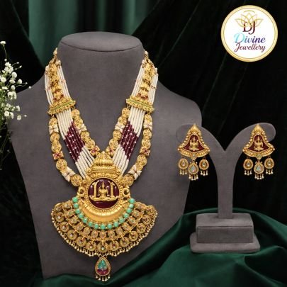 South Indian Temple Jewellery Bridal Necklace Set with Lakshmi Pendant – 92.5 Silver Gold Plated