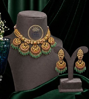 Temple Choker Necklace Set with Goddess Motifs & Green Drops – 92.5 Silver Gold Plated Jewellery