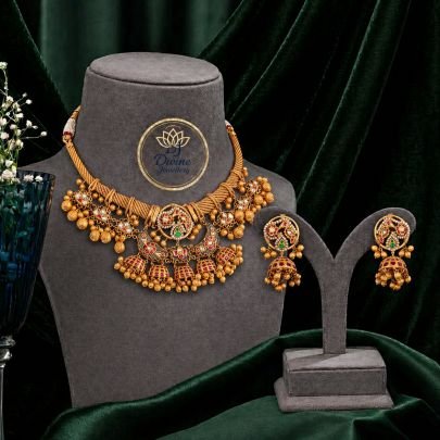 Temple Choker Necklace Set with Jhumka Drops & Kundan Detailing – 92.5 Silver Gold Plated Bridal Jewellery