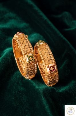 Temple Design Gold Plated Bridal Bangles with Multi-Color Stone Accents in 92.5 Silver | Divine Jewellery