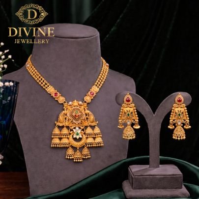 Temple Elephant Motif Pendant Necklace Set with Jhumka Drops | 92.5 Silver Gold Plated Heritage Jewellery by Divine Jewellery
