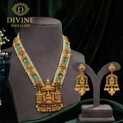 Temple Haram Necklace Set with Goddess Lakshmi Pendant & Pearl Strands | 92.5 Silver Gold Plated Bridal Jewellery by Divine Jewellery