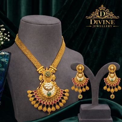Temple Heritage Pendant Necklace Set with Meenakari Detailing | 92.5 Silver Gold Plated Jewellery by Divine Jewellery