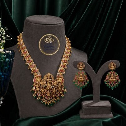 Temple Jewellery Lakshmi Necklace Set with Green Beads & Pearl Chains – 92.5 Silver Gold Plated Bridal Set