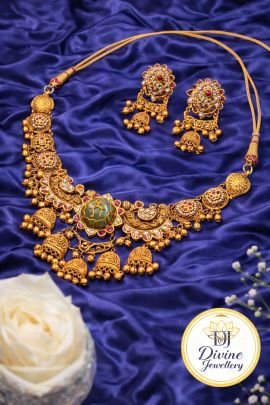 Temple Jewellery Necklace Set with Green Stone Pendant & Jhumka Drops | 92.5 Silver Gold Plated | Divine Jewellery