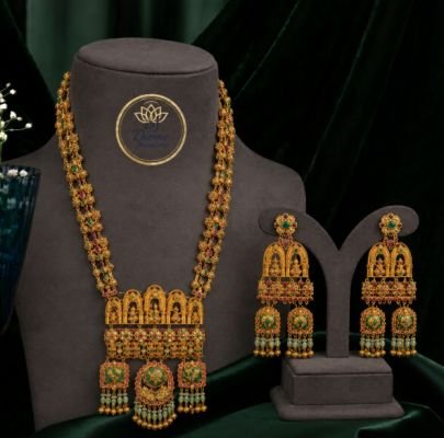 Temple Jewelry Long Haram Necklace Set with Matching Jhumka Earrings – Traditional South Indian Bridal Jewelry