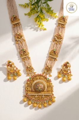 Temple Kundan Pearl Long Necklace Set with Grand Pendant & Matching Earrings in 92.5 Silver with Antique Gold Finish