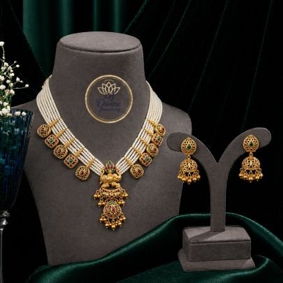 Temple Pearl Choker Necklace Set with Peacock Pendant – 92.5 Silver Gold Plated