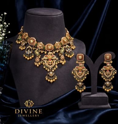 Temple Statement Choker Necklace Set with Central Motif & Multi Drop Charms – 92.5 Silver Gold Plated Bridal Jewellery | Divine Jewellery