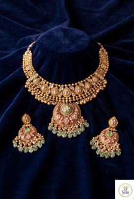 Temple Style Mint Drop Pendant Necklace Set in 92.5 Silver Gold Plated | Divine Jewellery