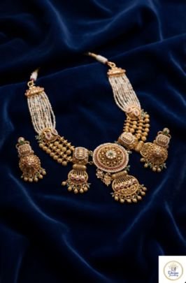 Temple Style Pearl Layered Jhumka Necklace Set in 92.5 Silver Gold Plated | Divine Jewellery