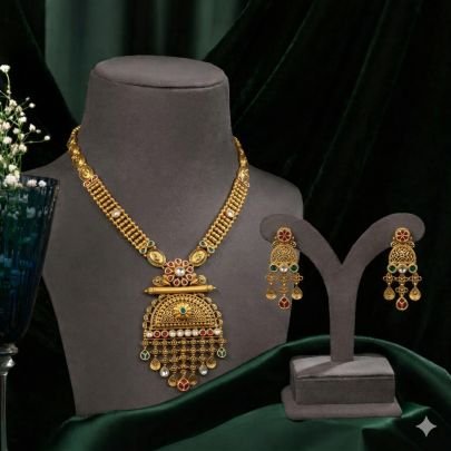 Temple Style Pendant Necklace Set with Hanging Drops – 92.5 Silver Gold Plated Traditional Jewellery | Divine Jewellery