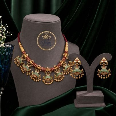 Thread Choker Necklace Set with Meenakari Motifs & Pearl Drops – 92.5 Silver Gold Plated Traditional Jewellery