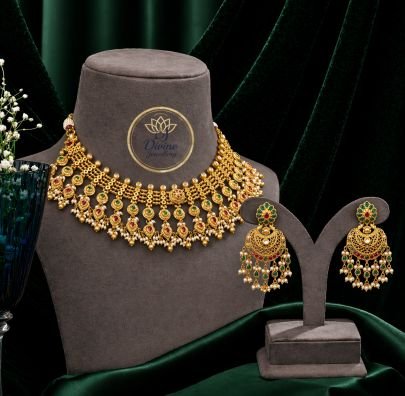 Traditional Antique Choker Necklace Set with Pearl Drops & Green-Pink Stones – 92.5 Silver Gold Plated