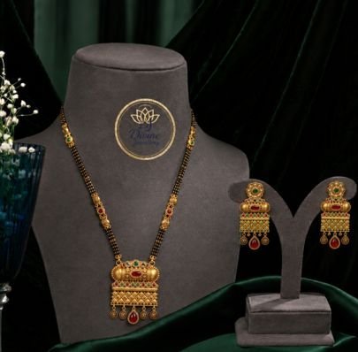 Traditional Antique Gold Plated Mangalsutra Set with Earrings for Women | Ethnic Black Beads Jewellery | Divine Jewellery