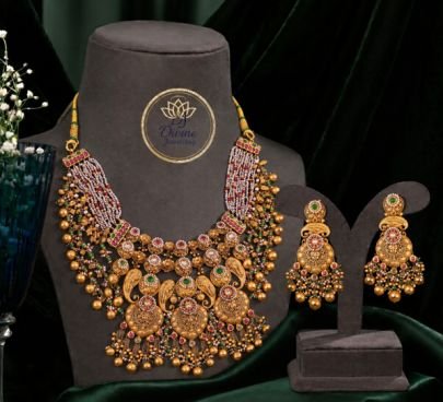 Traditional Antique Gold Plated Temple Necklace Set for Women | Multicolor Beads & Stone Studded Bridal Jewellery Set