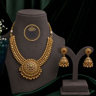 Traditional Antique Gold Plated Beaded Necklace Set with Statement Pendant and Matching Jhumka Earrings, Ethnic Bridal Jewelry Set for Women, Wedding 