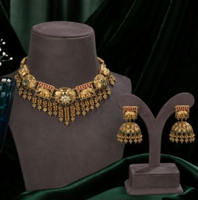 Traditional Antique Gold Plated Elephant Choker Necklace Set
