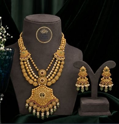 Traditional Antique Layered Necklace Set with Pearl Drops & Temple Jhumka Earrings for Women | Divine Jewellery