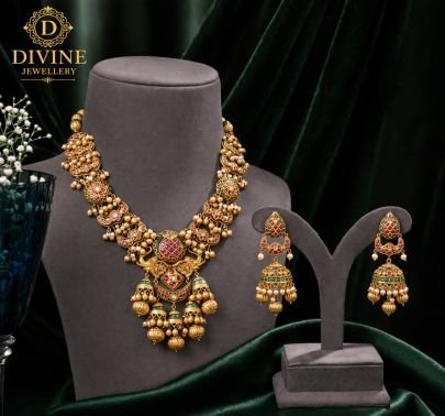 Traditional Antique Temple Necklace Set with Pink Meenakari & Jhumka Drops | 92.5 Silver Gold Plated Bridal Jewellery by Divine Jewellery