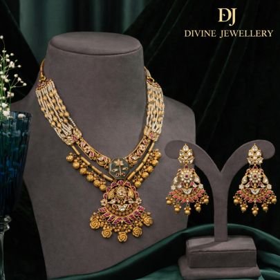 Traditional Beaded Kundan Necklace Set with Antique Pendant & Pink Detailing | 92.5 Silver Gold Plated Jewellery by Divine Jewellery