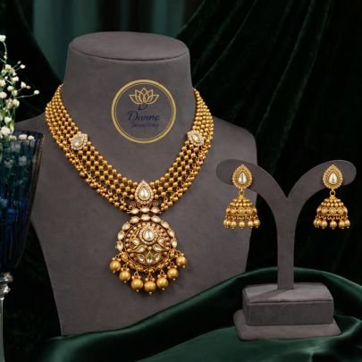 Traditional Beaded Necklace Set with Antique Pendant & Jhumka Earrings – 92.5 Silver Gold Plated Jewellery