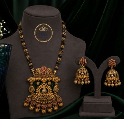 Traditional Black Bead Temple Mangalsutra Set with Antique Gold Pendant & Jhumka Earrings