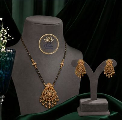 Traditional Black Beads Mangalsutra Set with Earrings for Women | Antique Gold Plated Ethnic Jewellery | Divine Jewellery