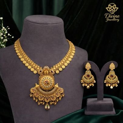 Traditional Coin (Lakshmi) Temple Necklace Set with Antique Pendant – 92.5 Silver Gold Plated Ethnic Jewellery