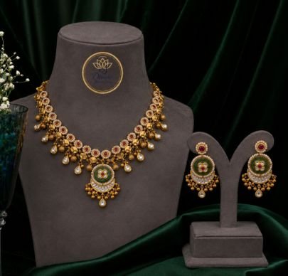 Traditional Floral Pendant Necklace Set for Women | Gold Plated Silver Ethnic Jewellery with Designer Earrings