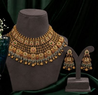 Traditional Gold Bridal Choker Necklace Set with Multicolor Stones & Matching Earrings