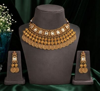 Traditional Gold Coin Choker Necklace Set with Kundan Stones & Matching Earrings