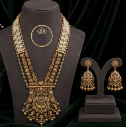 Traditional Gold Plated Long Pearl Haram Necklace Set with Temple Pendant & Matching Jhumka Earrings | Bridal Wedding Jewellery Set for Women