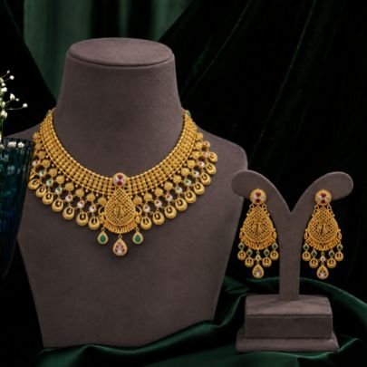 Traditional Gold-Plated Temple Necklace Set with Multicolor Stones & Designer Jhumka Earrings