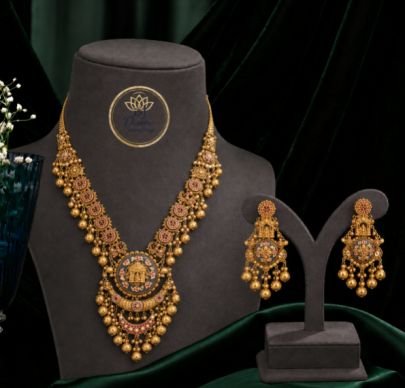 Traditional Gold Plated Temple Jewellery Set for Women | Antique Necklace Set with Matching Earrings | Ethnic Bridal Wedding Party Jewellery