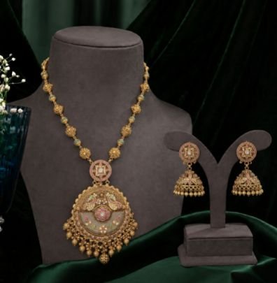 Traditional Gold Temple Necklace Set with Jhumka Earrings | Bridal Antique Jewelry