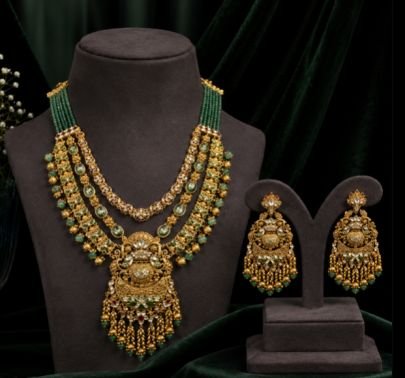 Traditional Green Beaded Gold Plated Temple Necklace Set with Pendant & Matching Earrings | Bridal Wedding Jewellery Set for Women