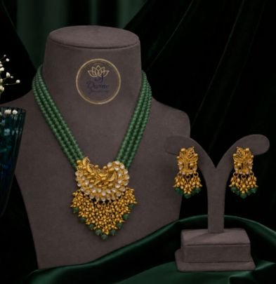 Traditional Green Beaded Temple Necklace Set with Earrings for Women