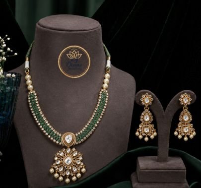 Traditional Green Kundan Pearl Necklace Set with Earrings for Women | Antique Gold Plated Ethnic Jewellery | Divine Jewellery