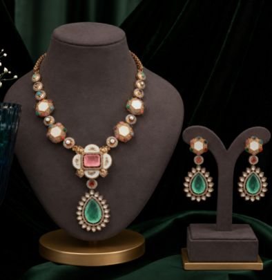 Traditional Green Stone Kundan Pendant Necklace Set for Women | Ethnic Bridal Jewelry with Matching Earrings | Wedding & Festive Wear