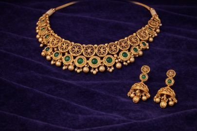 Traditional Green Stone Temple Necklace Set in 92.5 Silver with Gold Plating – Divine Jewellery