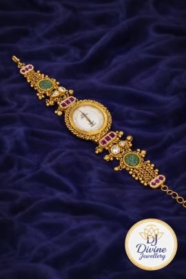 Traditional Kundan Bracelet Watch with Ruby & Green Stone Detailing – 92.5 Silver Gold Plated